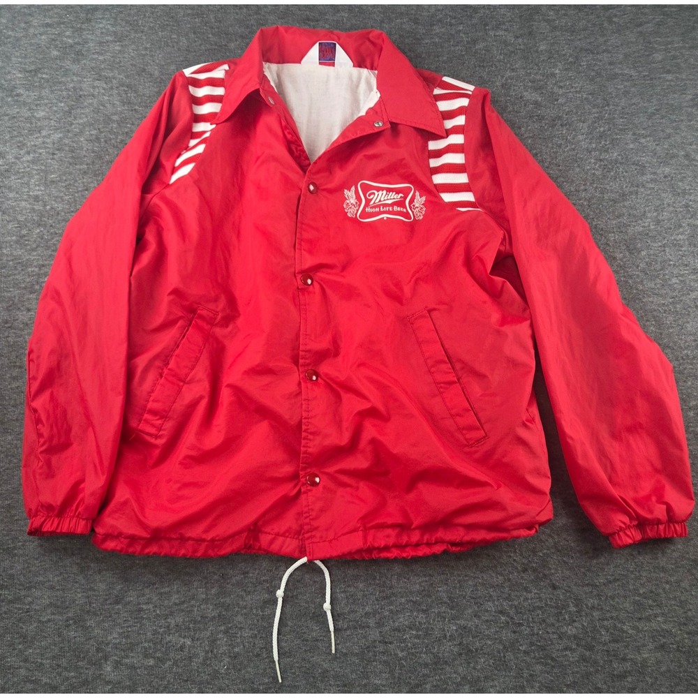Mens M Red Miller High Life Beer jacket Coaches Windbreaker Vintage Striped